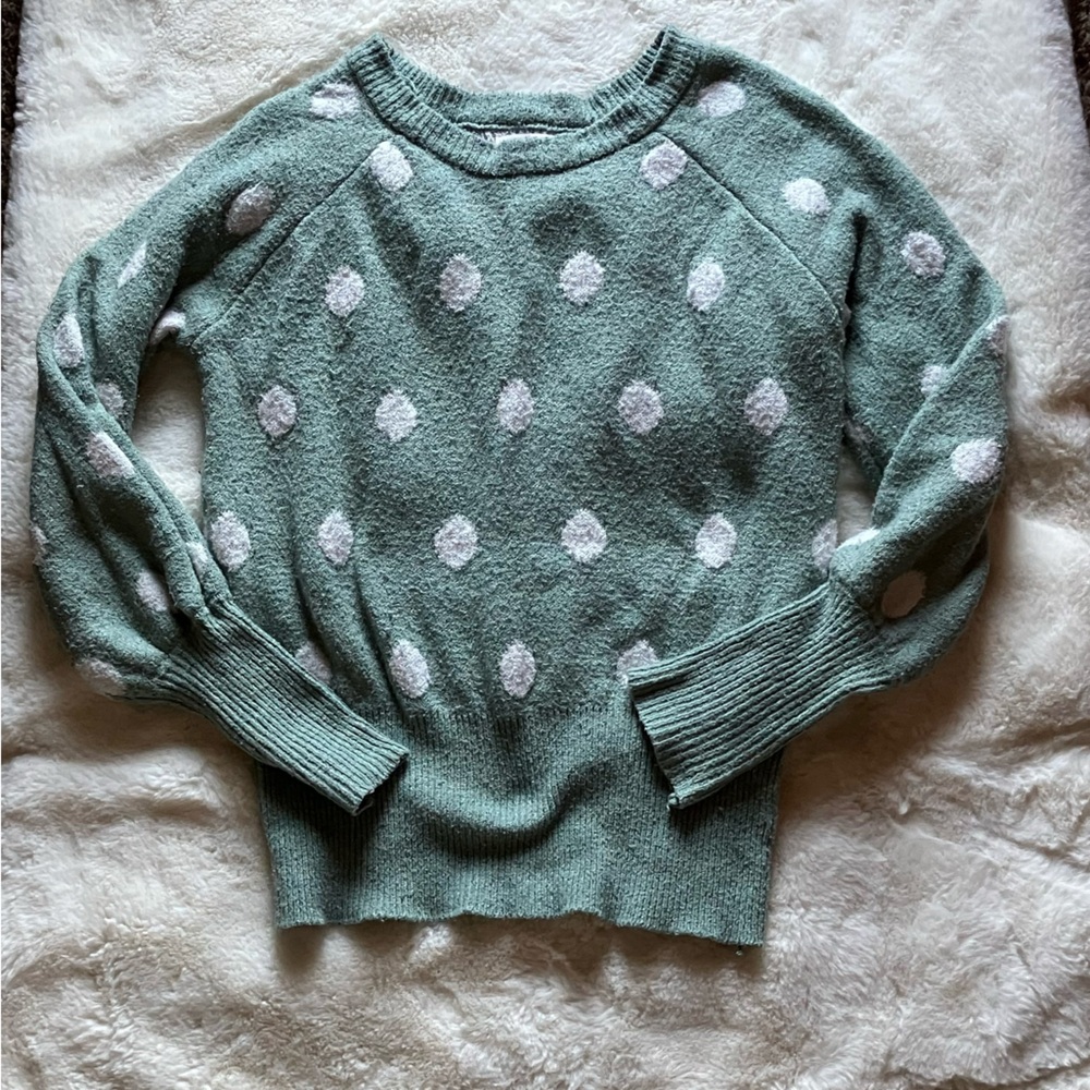LC Lauren Conrad Green with White Dots Balloon Sleeve Sweater XS